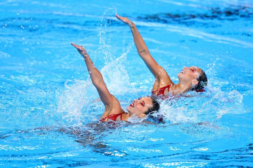 Melisa Ceballos Correa and Estefania Roa Bernal (COL) compete in the Women's Duet Technical Preliminaries on day one of the Doha 2024 World Aquatics Championships